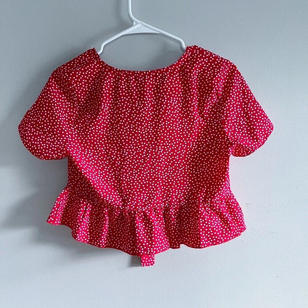 Shein Women’s XS Red Blouse Polka Dot Crop Top Wrap USA Tie Front Ruffle - Picture 8 of 8